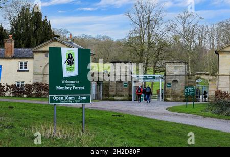 A sign at the entrance to the Monkey Forest at Trentham Gardens, Stoke-on-Trent, Staffordshire, England, UK Stock Photo