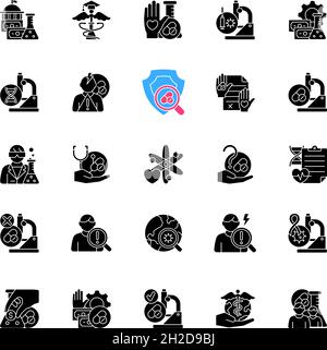 Clinical trials black glyph icons set on white space Stock Vector