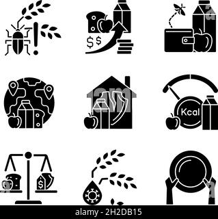 Hunger reasons black glyph icons set on white space Stock Vector