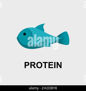 Vector icon of a blue cartoon fish drawing, symbolising fish meat, and protein written underneath. For Keto diagrams, healthy eating, pet store logos. Stock Vector