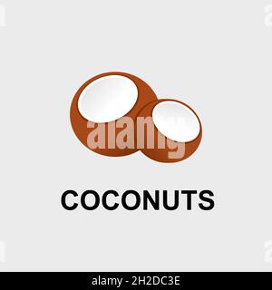 Vector icon of a two halves of coconut fruit, cracked open with coconut written underneath. Use for your Keto diagrams, healthy eating infographics. Stock Vector