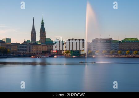 Binnenalster, or Inner Alster Lake, is one of two artificial lakes within the city limits of Hamburg, Germany, which are formed by the river Alster. Stock Photo