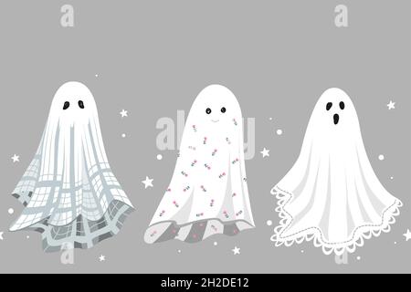 Seamless pattern with cute ghosts in a vintage sheets. Border design element for Halloween decorative design. Vector illustration Stock Vector