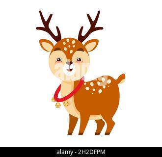 Santa's cute reindeer helper with Christmas bells around his neck and red harness. Vector illustration in cartoon style isolated on white background Stock Vector