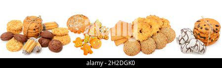 Cookies, gingerbread and muffin isolated on white background. Skinali. Collage. Wide photo. Stock Photo