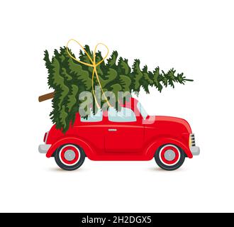 Red car with Christmas tree, postcard isolated on white background. Vector ,flat style illustration. Stock Vector