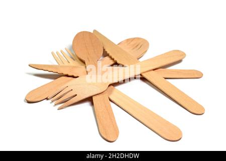 Wooden cutlery against white background Stock Photo