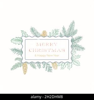 Christmas Colorful Abstract Botanical Greetings Label with Rectangle Pine Spruce Frame Banner and Modern Typography. Pastel Colors Winter Holidays Stock Vector