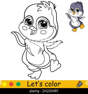 Cute and happy dancing penguin boy. Coloring book page with colorful template for kids. Vector cartoon isolated illustration. For print, game, educati Stock Vector