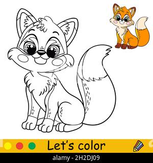 Cute and happy sitting baby fox. Coloring book page with colorful template for kids. Vector isolated cartoon illustration. For print, game, education, Stock Vector