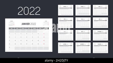 Year 2022 monthly calendar, in French language. Vector template. Stock Vector