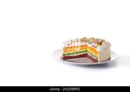 Rainbow layer cake isolated on white background Stock Photo