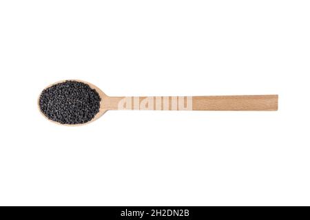 Black Sesame seeds in wooden spoon isolated on white background. Spices and food ingredients. Stock Photo