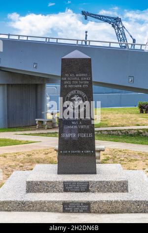 Carved granite memorial tribute to the United States Marine Corps at the Battleship Memorial Park in Mobile, Alabama