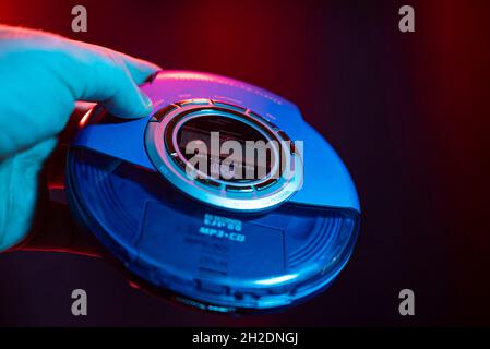 Portable CD player in Handd. Stock Photo