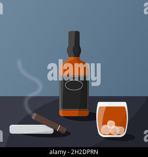 A bottle of whiskey with a glass stand on the table Stock Vector