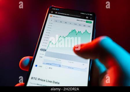 Bitcoin price chart on smartphone in hand detail. Mobile application for checking bitcoin price Stock Photo