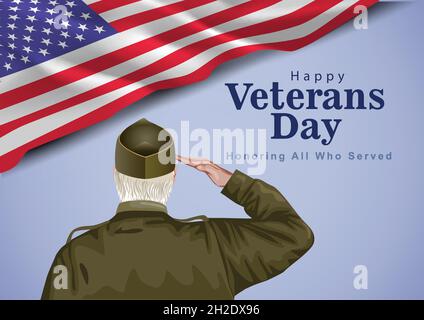 happy veterans day USA. American old soldier saluting with flag. vector illustration design Stock Vector