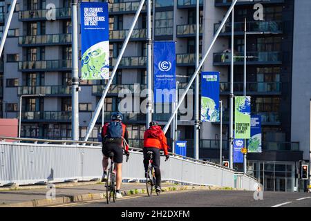 Glasgow, Scotland, UK. 21st October 2021. Final preparations underway at the site of the UN Climate Change Conference COP26 to be held in Glasgow from Oct 31st. Pic; Banners advertising COP26. Iain Masterton/Alamy Live News. Stock Photo