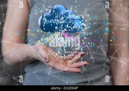 Female holding big data cloud Stock Photo