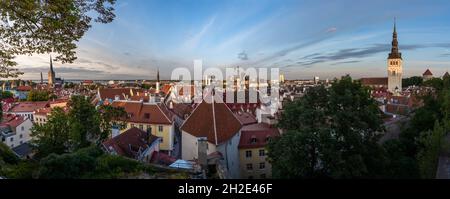 Panoramic aerial view of Tallinn Old Town with St Olafs Church, Holy Spirit Church and St Nicholas Church - Tallinn, Estonia Stock Photo