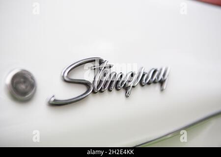 Reocin, Cantabria, Spain - October 2, 2021: Exhibition of classic vehicles. The Stingray coupe was the third generation of the Chevrolet Corvette, it Stock Photo