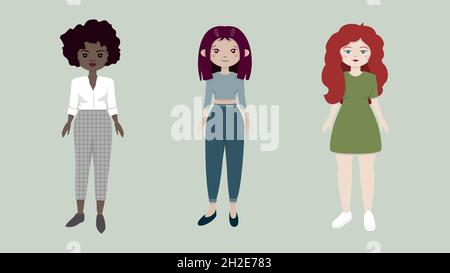 Set of three women: african american, asian and european, vector illustration Stock Vector
