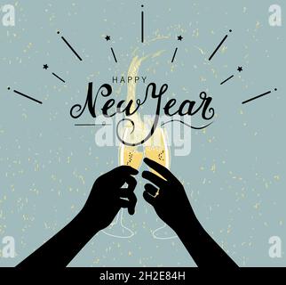 Happy new year greeting illustration with hands of two people silhouettes toasting with champagne and lettering Stock Vector
