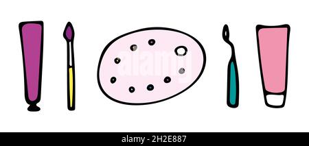 Colored vector illustration of a brush and a tube of paint, a palette knife and a palette. Stock Vector