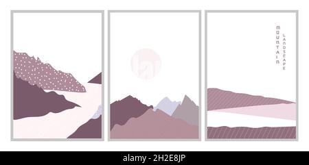 Set of vector illustrations of posters of mountain landscapes with a river in the Scandinavian style. Stock Vector