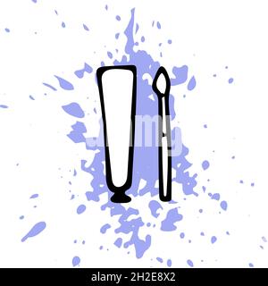 Vector illustration of a contour brush and a tube of paint on violet paint splash.  Stock Vector
