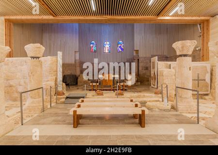 MOUNT NEBO, JORDAN - MARCH 21, 2017: Interior of the Moses Memorial church at the Mount Nebo mountain. Stock Photo