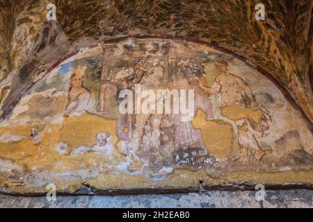 QUSAYR AMRA, JORDAN - APRIL 3, 2017: Frescoes in Qusayr Amra sometimes Quseir Amra or Qasr Amra , one of the desert castles located in eastern Jordan Stock Photo