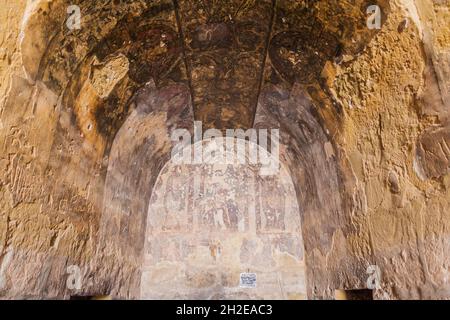 QUSAYR AMRA, JORDAN - APRIL 3, 2017: Frescoes in Qusayr Amra sometimes Quseir Amra or Qasr Amra , one of the desert castles located in eastern Jordan Stock Photo