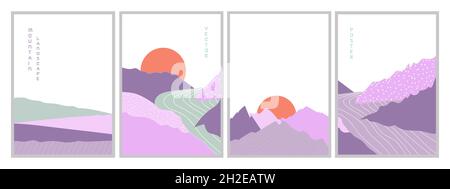 Set of vector illustrations posters mountain landscapes at sunset with river. Stock Vector