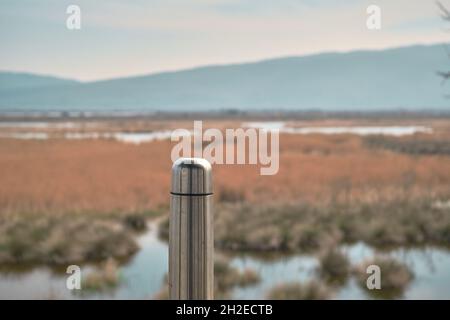 View Blue Thermos Wooden Table Trekking Trail Break Hot Drink