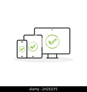 Device Icons: smartphone, tablet and desktop computer. Green checkmark. Concept of quality, warranty, reliability, optimization, responsive. Vector il Stock Vector