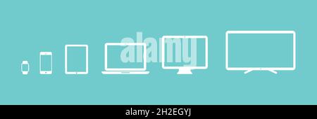 Device Icons: smartwatch, smartphone, tablet, laptop, desktop computer and tv. Turquoise background. Vector illustration, flat design Stock Vector