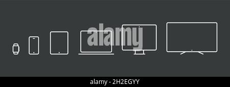 Device Icons: smartwatch, smartphone, tablet, laptop, desktop computer and tv. Black background. Vector illustration, flat design Stock Vector