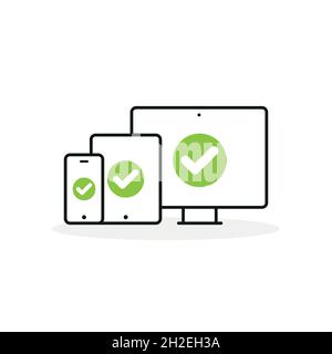 Device Icons: smartphone, tablet and desktop computer. Green checkmark. Concept of quality, warranty, reliability, optimization, responsive. Vector il Stock Vector