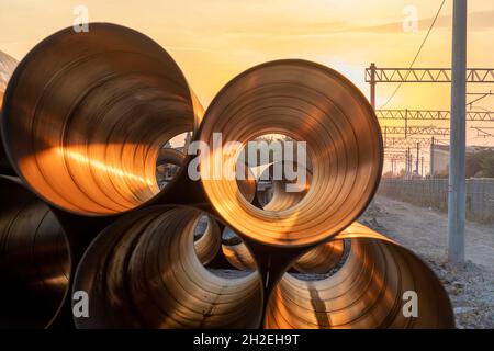 hollow large iron sewer pipes Stock Photo