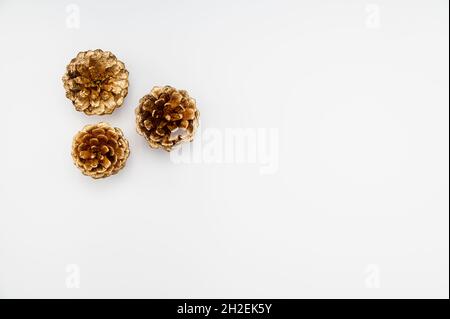 Christmas or winter concept. Minimalist arrangement of three golden pine cones on a white background. Stock Photo