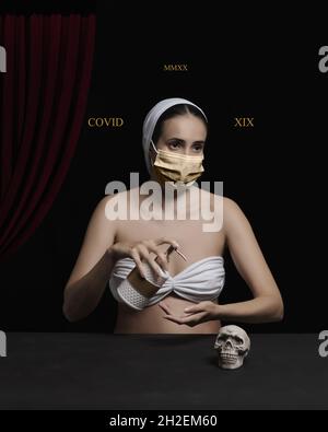 Woman with a hand soap and medical mask on dark background. Protection against coronavirus and other viruses. Coronavirus outbreak. Pandemic concept. Stock Photo