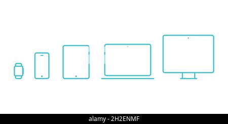 Device Icons: smartwatch, smartphone, tablet, laptop and desktop computer. Turquoise outline. Vector illustration, flat design Stock Vector