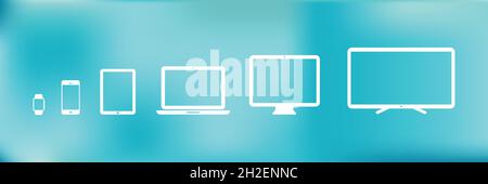 Device Icons: smartwatch, smartphone, tablet, laptop, desktop computer and tv. Blurred background. Vector illustration, flat design Stock Vector
