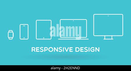 Device Icons: smartwatch, smartphone, tablet, laptop and desktop computer. Turquoise background. Text: "Responsive design".Vector illustration, flat d Stock Vector