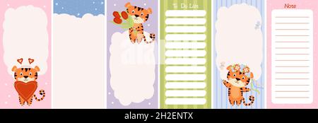 Weekly or daily planner set, note paper, to-do list decorated with a tiger with a bouquet of tulips, in a floral wreath with butterflies and a big Stock Vector