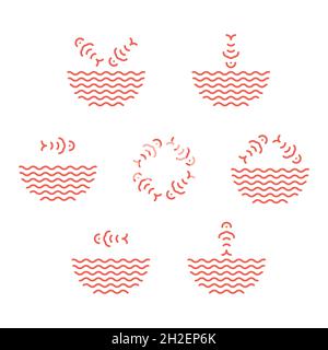 Poke bowl logos set in linear style. Fish jumping from water waves. Fish ramen noodles soup bowl symbols Stock Vector