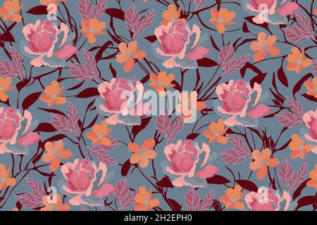 Floral vector seamless pattern. Pink, blue, orange color flowers Stock Vector