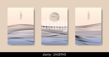 Japanese landscape background set cards black line wave pattern vector illustration. Colorful Abstract template geometric wavy texture. Mountain Stock Vector